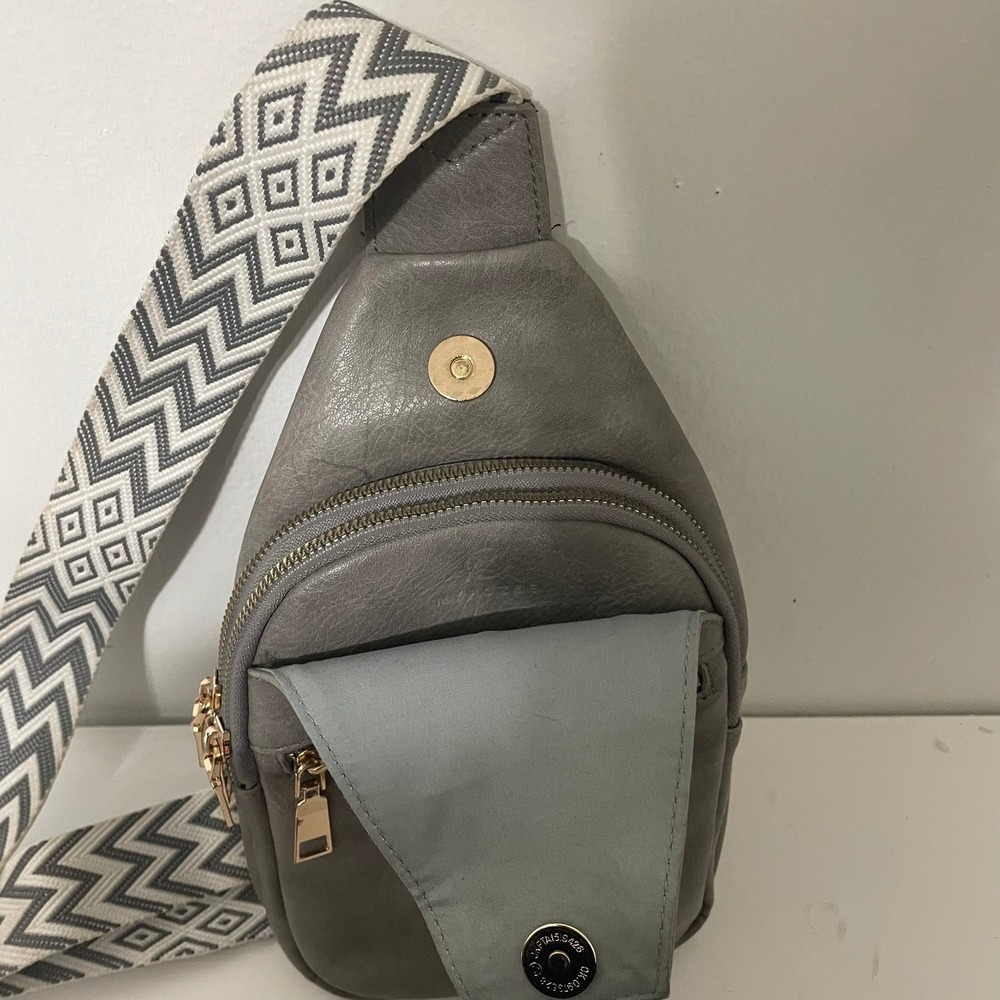 Gray Faux Leather Sling Bag Geometric Strap Crossbody‎ Purse Pouch - Picture 5 of 5